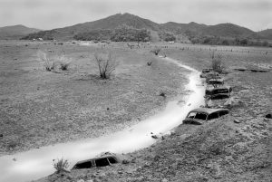 USA. CALIFORNIA. On the Doc Bar Ranch is a line of 40 year old Cadillaces half buried in the ground. They are exactly following the line of the San Adreas Fault and one of the few visible signs of exactly where the fault lies. They have now become a local tourist attraction and have been elivated to become works of art. Actually they were put there to protect the bank of the small river. 1991